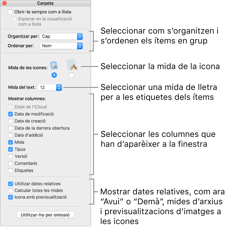 Una finestra que mostra les opcions de Cover Flow i vista de llista.
