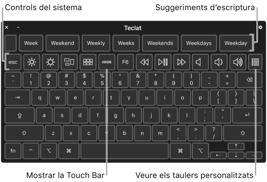El teclat d‘accessibilitat, amb suggeriments d‘escriptura a la part superior. A sota hi ha una fila de botons per als controls del sistema que permeten efectuar accions com ajustar la brillantor de la pantalla, mostrar la Touch Bar a la pantalla i mostrar taulers personalitzats.