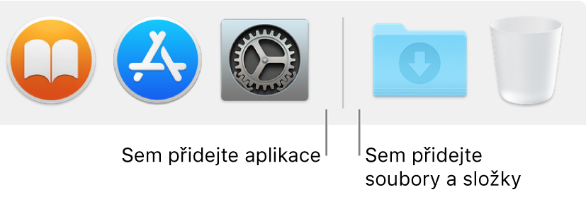 Oddělovací čára Docku mezi aplikacemi (vlevo) a soubory a složkami (vpravo).