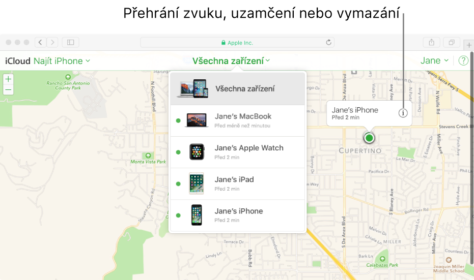 Mapa služby Najít iPhone na webových stránkách iCloud.com se zobrazenou polohou Macu