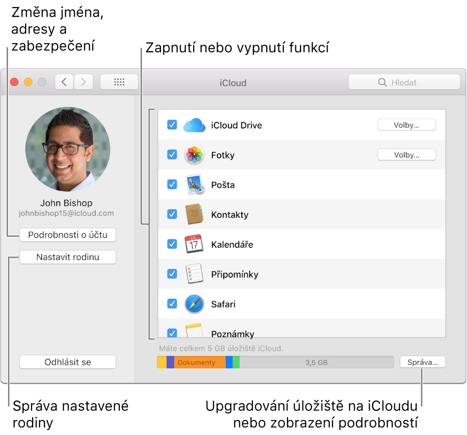 Okno předvoleb iCloud, v němž jsou všechny funkce vybrané