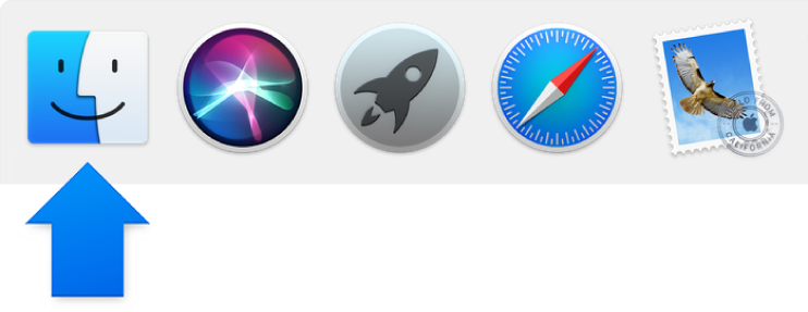 Modrá šipka ukazující na ikonu Finderu na levé straně Docku.