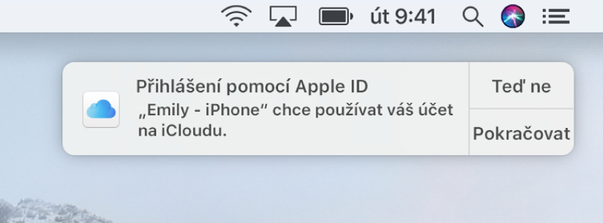 Oznámení na zařízení požadujícím schválení pro klíčenku na iCloudu