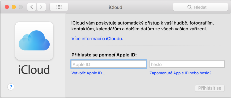 Okno předvoleb iCloudu s poli pro zadání Apple ID a hesla