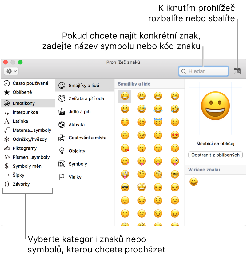 Okno Prohlížeč znaků. Nalevo vyberte kategorii pro procházení znaků a symbolů. Konkrétní znak můžete vyhledat tak, že do pole hledání zadáte kód nebo název symbolu. Prohlížeč můžete rozbalit nebo sbalit kliknutím v pravém horním rohu.