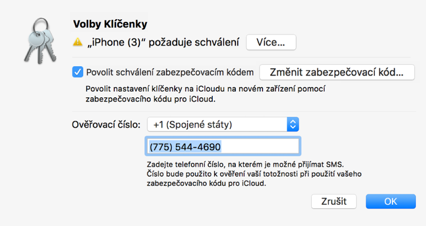 Dialogové okno Volby klíčenky na iCloudu s názvem zařízení, které vyžaduje schválení, a tlačítkem Podrobnosti vedle něj