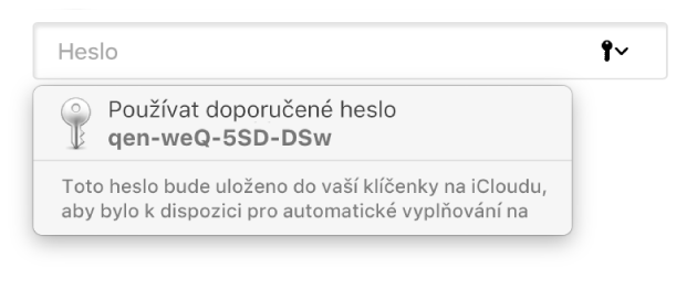 Navržené heslo v Safari s informací, že bude uloženo do uživatelovy klíčenky na iCloudu a k dispozici pro automatické vyplňování na zařízeních uživatele
