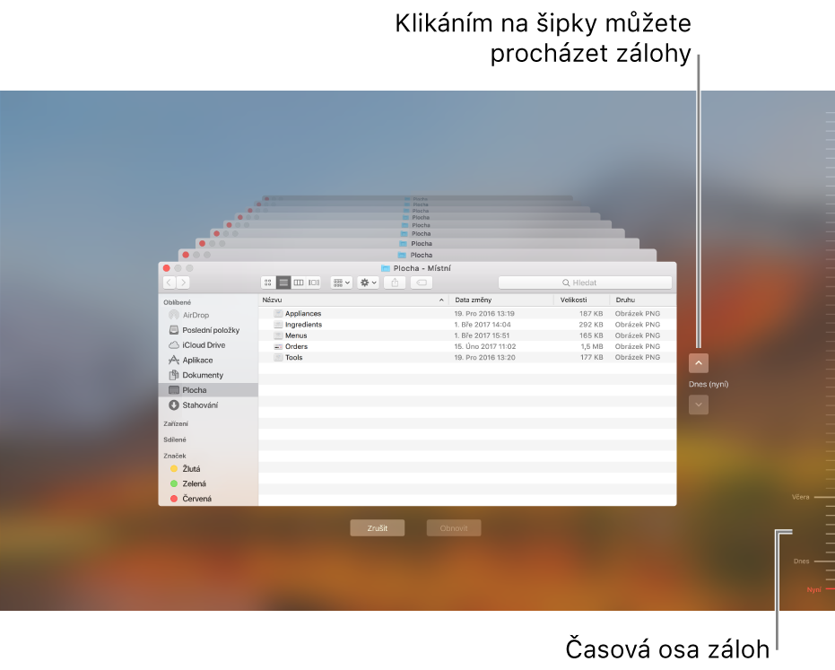 Po otevření Time Machine uvidíte obrazovku s rozostřeným pozadím, na němž jsou naskládána okna Finderu reprezentující jednotlivé zálohy. Klikáním na šipky můžete procházet zálohy (lze také kliknout na časovou osu záloh vpravo) a můžete vybrat soubory, které chcete obnovit.