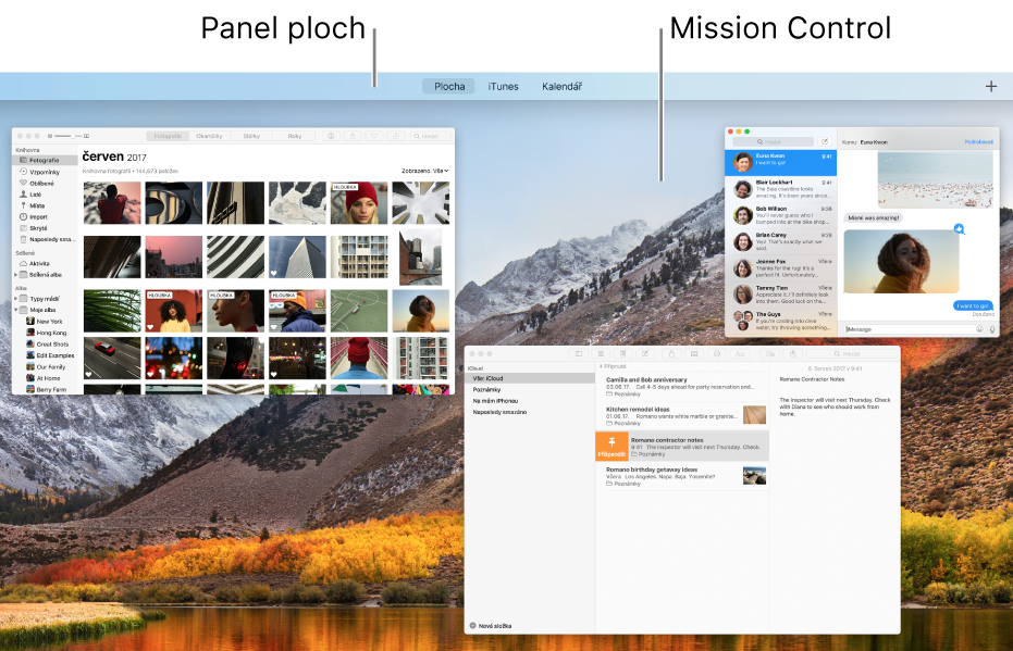 Několik oken otevřených v Mission Control s řádkem Spaces v horní části obrazovky
