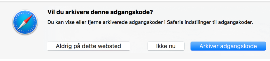 En dialog, hvor du bliver spurgt, om du vil arkivere adgangskoden til et websted.