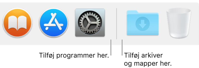 En skillelinje mellem programmer (til venstre) og arkiver og mapper (til højre) i Dock.