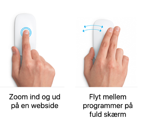 Eksempler på bevægelser med musen til at zoome ind og ud af en webside og flytte mellem programmer på fuld skærm.