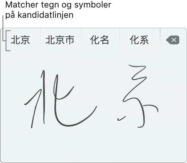 Håndskrift vha. pegefelt efter indtastning af Beijing på forenklet kinesisk. Når du tegner streger på pegefeltet, viser kandidatlinjen (øverst i vinduet Håndskrift vha. pegefelt) mulige matchende tegn og symboler. Tryk på en kandidat for at vælge den.