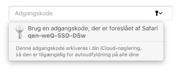 En adgangskode, der er foreslået af Safari, hvor det meddeles, at den vil blive arkiveret i brugerens iCloud-nøglering og være tilgængelig til autoudfyldning på brugerens enheder.