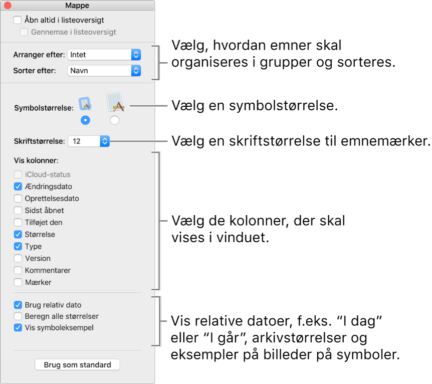 Et vindue, der viser oversigtsvalg til lister eller Cover Flow.