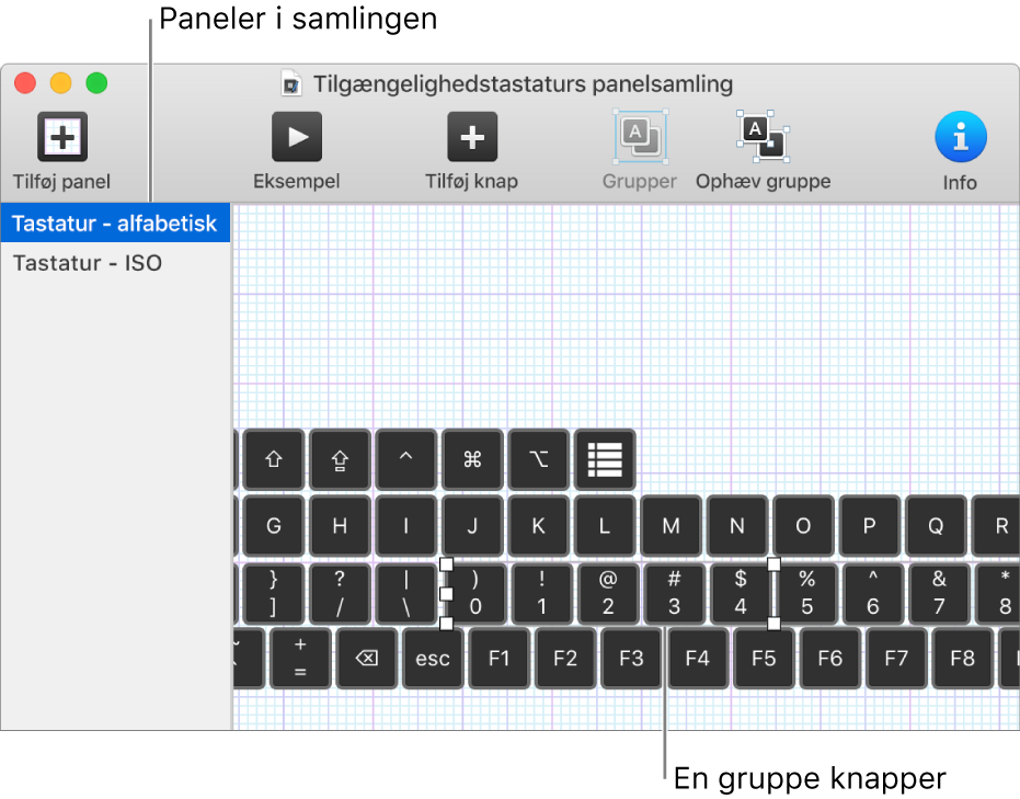 En del af en panelsamling, der viser en liste over tastaturpaneler til venstre og knapper og grupper i et panel til højre.
