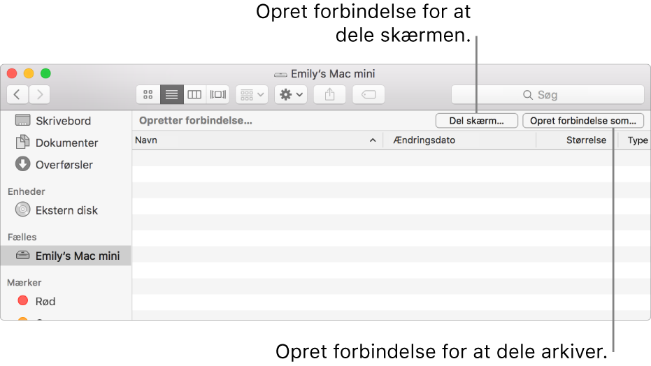 Overskriften Fælles i Finders indholdsoversigt med en Mac valgt.