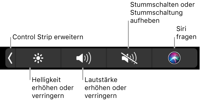 Der reduzierte Control Strip mit Tasten (von links nach rechts) zum Erweitern des Control Strip, Erhöhen oder Reduzieren der Bildschirmhelligkeit und Lautstärke, Aktivieren oder Deaktivieren der Stummschaltung und Verwenden von Siri