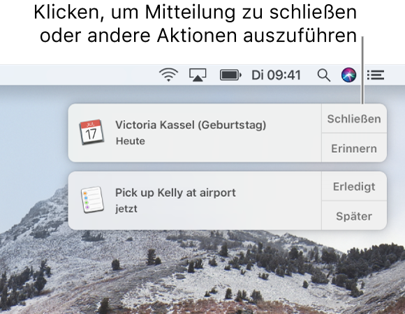 Mitteilungen der Apps „Kalender“ und „Erinnerungen“ oben rechts auf dem Bildschirm