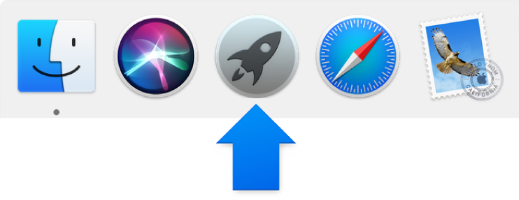 Ein blauer Pfeil, der auf das Launchpad-Symbol im Dock weist