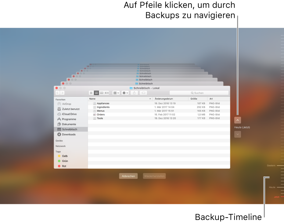 Beim Öffnen von Time Machine ist die Anzeige auf dem Bildschirm verzerrt und es sind mehrere gestapelte Finder-Fenster für die Backups zu sehen. Klicke auf die Pfeile, um in den Backups zu navigieren (oder klicke rechts auf die Backup-Timeline) und wähle die Dateien für die Wiederherstellung aus.