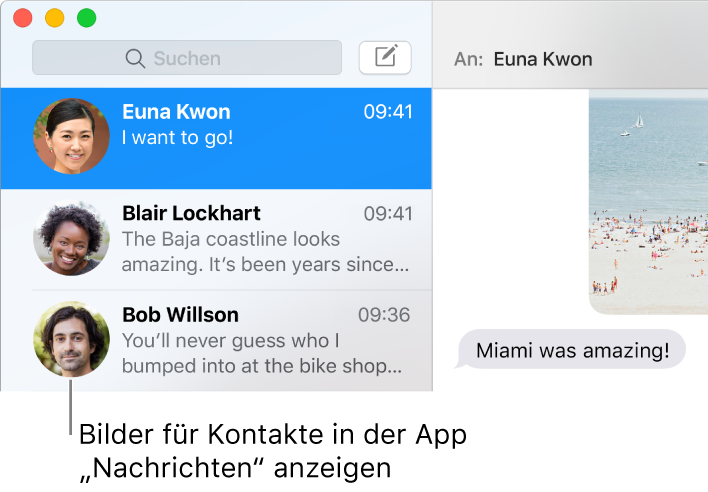 Die Seitenleiste der App „Nachrichten“ mit Bildern von Personen neben deren Namen.
