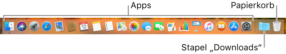 Das Dock, in dem Symbole für Apps, den Stapel „Downloads“ und den Papierkorb zu sehen sind