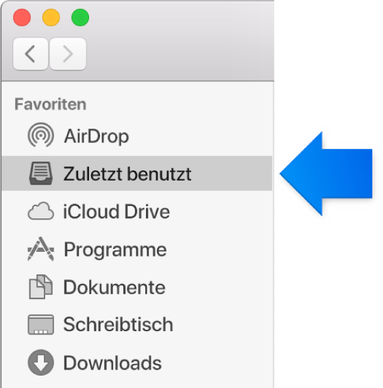 Ein blauer Zeiger, der auf den Ordner „Zuletzt benutzt“ weist