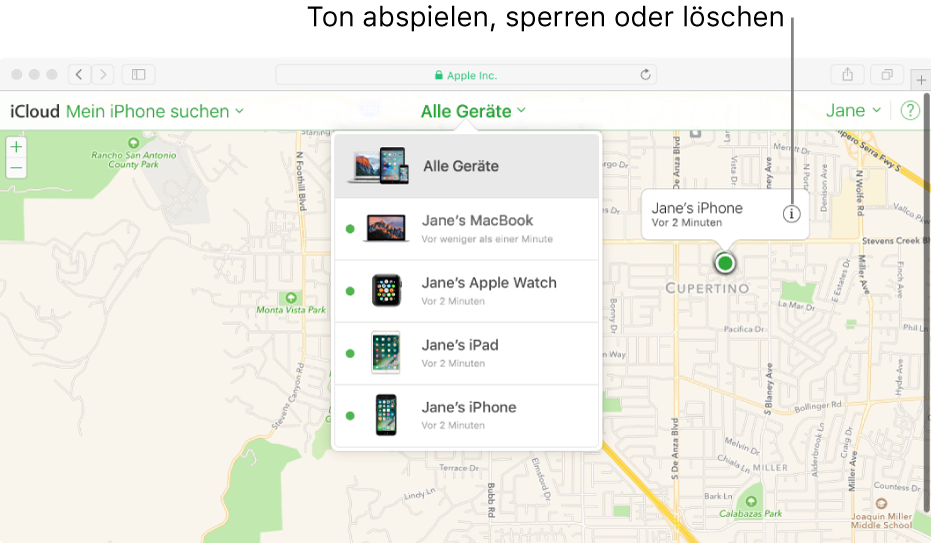 Eine Karte in „Mein iPhone suchen“ auf iCloud.com, die den Standort eines Mac anzeigt