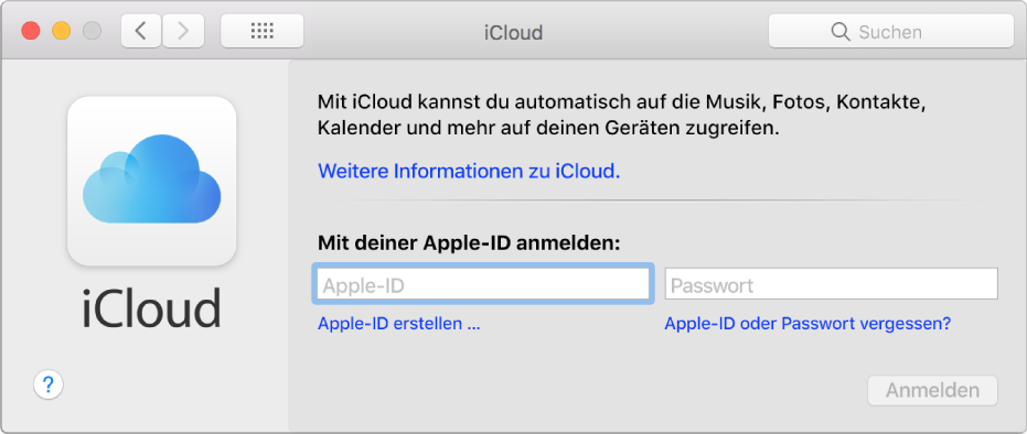 iCloud-Einstellungen, in denen du Name und Passwort einer Apple-ID eingeben kannst