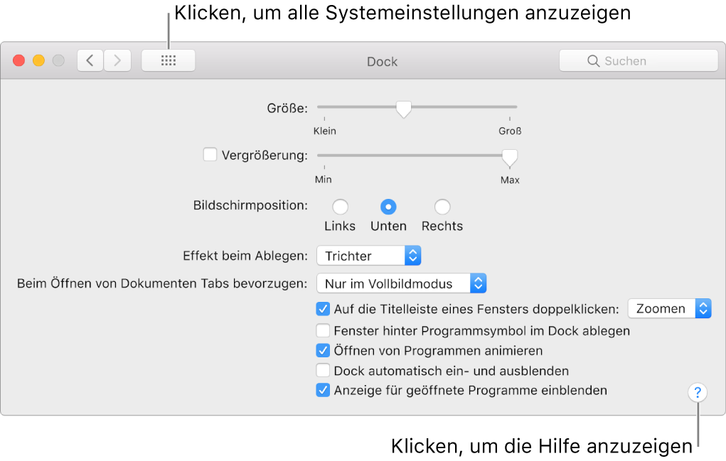 Klicke auf „Alle anzeigen“, um die Symbole für alle Bereiche in den Systemeinstellungen anzuzeigen. Klicke auf die Taste „Hilfe“ (Fragezeichen), um Hilfeinformationen zu dem Bereich anzuzeigen.