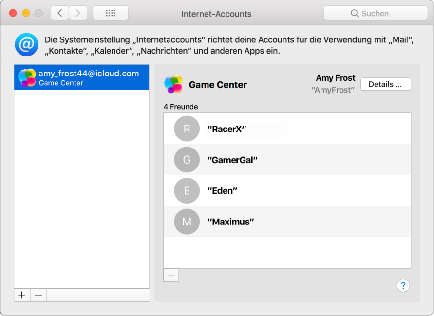 Ein Game Center-Account in der Systemeinstellung „Internetaccounts“.