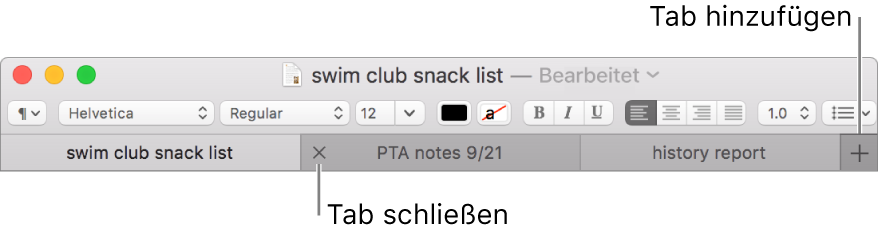 TextEdit-Fenster mit drei Tabs in der Tableiste (unter der Format-Leiste) In einem Tab wird die Taste „Schließen“ angezeigt. Die Taste „Hinzufügen“ befindet sich am rechten Ende der Tableiste.