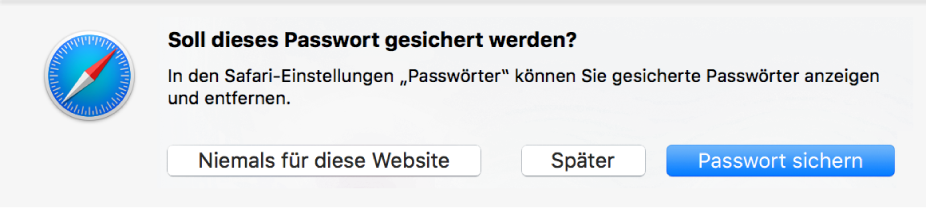 Ein Dialogfenster fragt, ob das Passwort für eine Website gesichert werden soll.