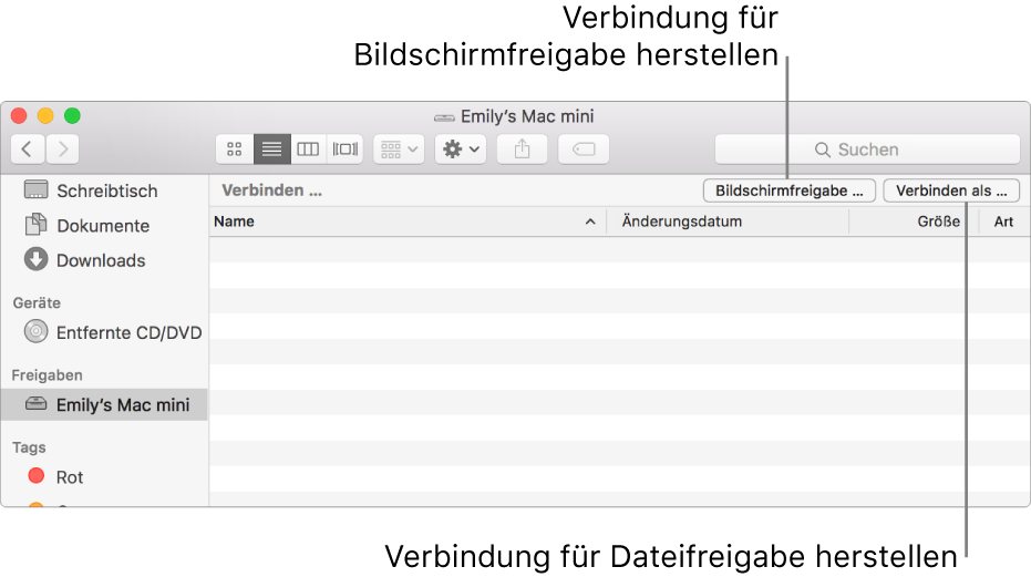 Der Bereich „Freigaben“ in der Finder-Seitenleiste mit aus ausgewähltem Mac