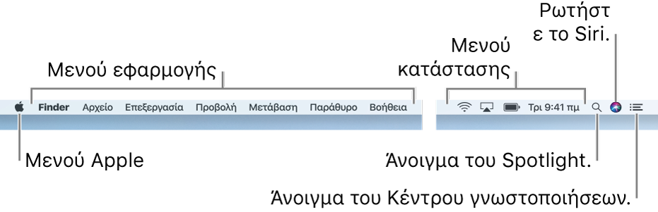 Η γραμμή μενού. Στα αριστερά βρίσκονται το μενού Apple και μενού εφαρμογών. Στα δεξιά βρίσκονται μενού κατάστασης και τα εικονίδια του Spotlight, του Siri και του Κέντρου γνωστοποιήσεων.