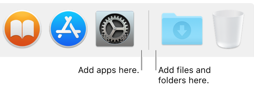 A Dock separator line between apps (on the left) and files and folders (on the right).