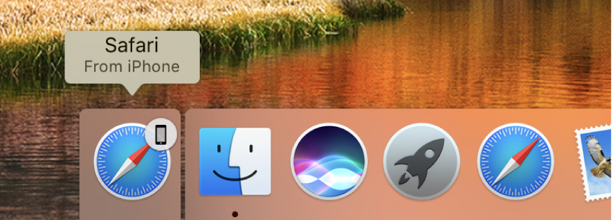 An app’s Handoff icon from iPhone at the left side of the Dock.