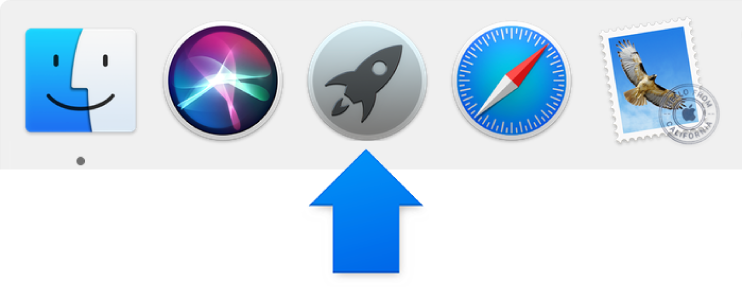 A blue arrow pointing to the Launchpad icon in the Dock.