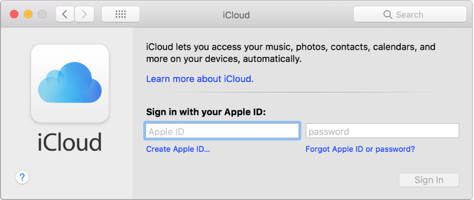 iCloud preferences, ready for entry of an Apple ID name and password.