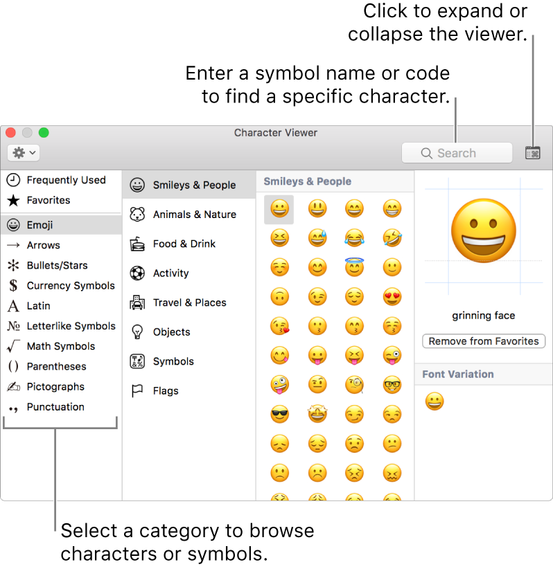 The Character Viewer window. Select a category on the left to browse characters or symbols. In the search field, enter a symbol name or code to find a specific character. In the upper-right corner, click to expand or collapse the viewer.