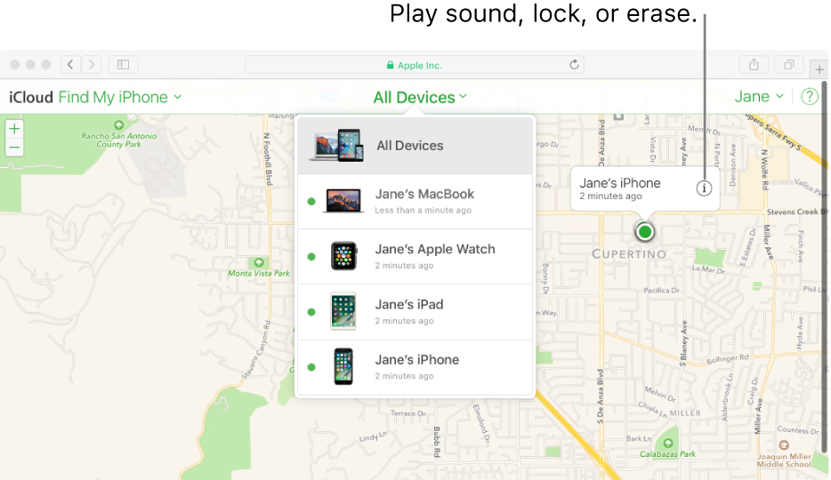 A map in Find My iPhone on iCloud.com showing the location of a Mac.