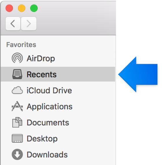 A blue arrow pointing to the Recents folder.