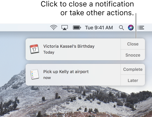 Notifications from the Calendar and Reminders apps in the upper-right corner of the screen.