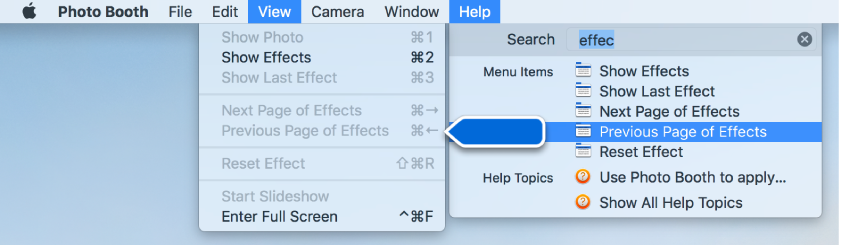 The Photo Booth Help menu with a search result for a menu item selected and an arrow pointing to the item in the app menus.
