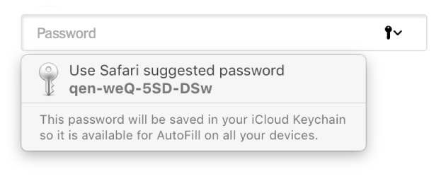 A suggested password from Safari, saying that it will be saved in the user’s iCloud Keychain and available for AutoFill on the user’s devices.