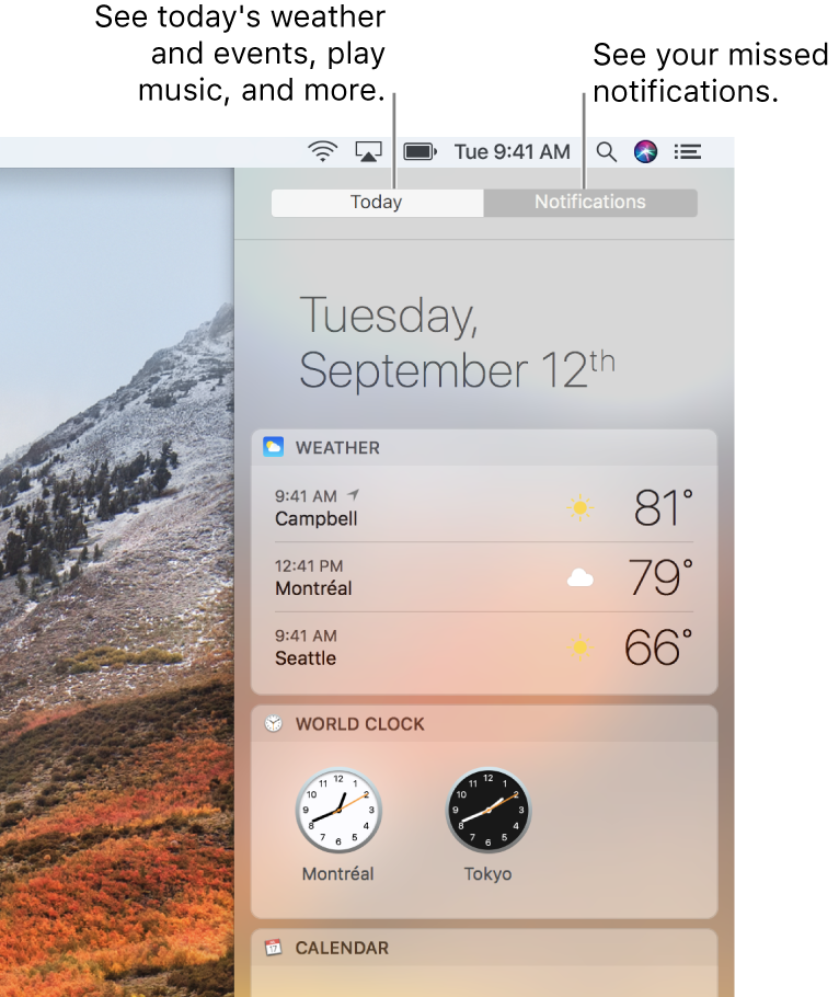 Today view showing weather and world clocks. Click the Notifications tab to see missed notifications.