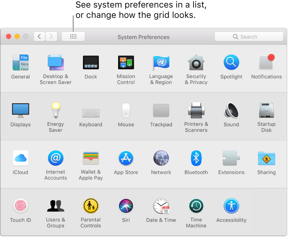 System Preferences window showing the grid of icons. Click the Show All button in the window’s toolbar to see system preferences as a list, or change how the grid looks.
