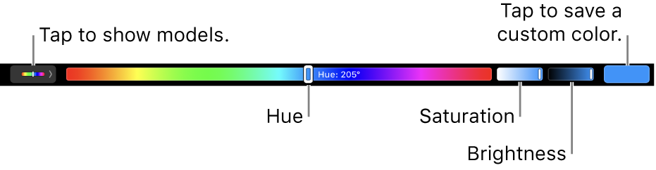 The Touch Bar showing hue, saturation, and brightness sliders for the HSB model. At the left end is the button to show all profiles; at the right, the button to save a custom color.