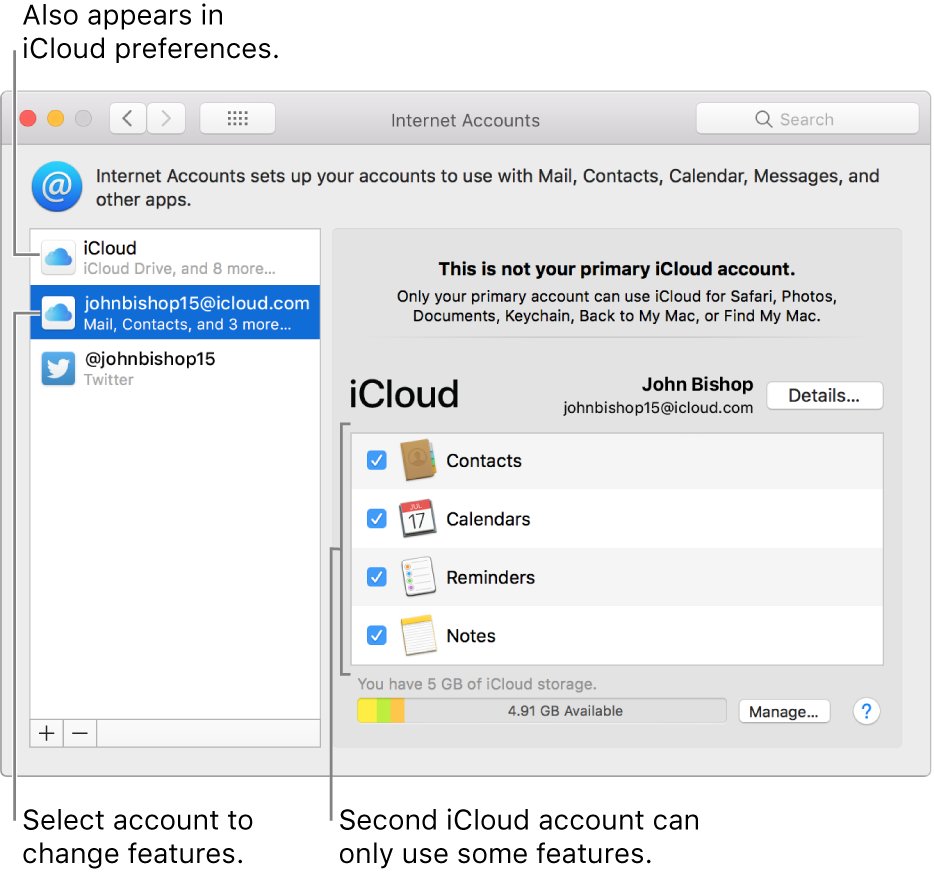 Internet Accounts preferences showing two iCloud accounts. The second account, selected in the list on the left, shows that it has only some features available.